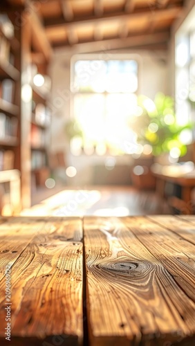 Sunlit Rustic Wooden Table in Cozy Library with Bookshelves and Greenery in Soft Focus Background