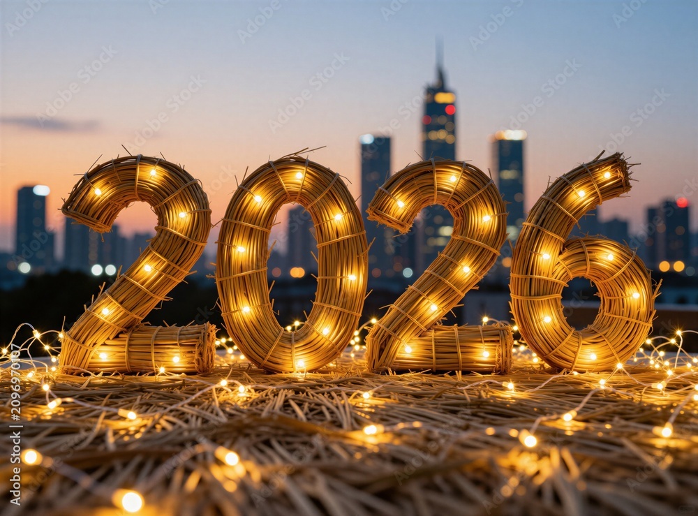 Fototapeta premium Woven numbers 2026 with string lights glow against city skyline at dusk. Festive celebration of new year eve. Warm light illuminates straw numbers.
