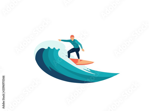 Young Male Surfer Riding a Large Blue Ocean Wave on a Surfboard Flat Vector Illustration Isolated