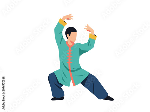 Traditional Chinese Martial Arts Male Practitioner Performing Tai Chi or Wushu Stance Vector Illustration