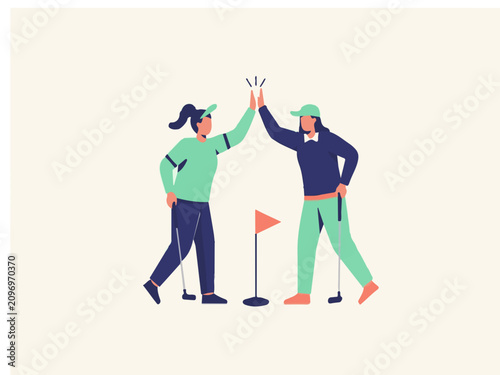 Two Women Golfers Giving High Five Celebrating Successful Put on Green Golf Course Vector Illustration