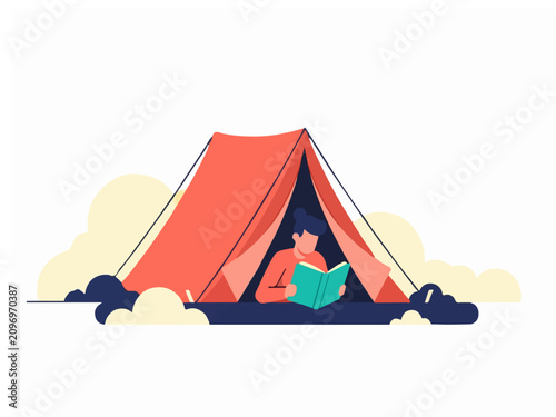 Man Enjoying Reading a Book Inside a Cozy Camping Tent Outdoors Flat Vector Illustration Design