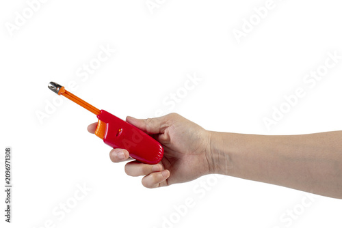 Photography Red gas lighter gun for gas-stove and hand isolated on transparent background