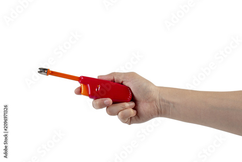 Photography Red gas lighter gun for gas-stove and hand isolated on transparent background