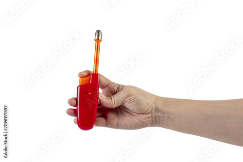 Фотография Red gas lighter gun for gas-stove and hand isolated on transparent background