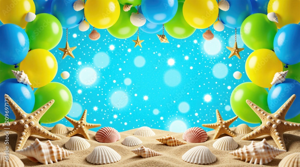 Fototapeta premium Balloons and beach decor create a festive summer scene. Starfish and shells on sand with bright blue bubbly water backdrop. Great for seaside party or celebration.
