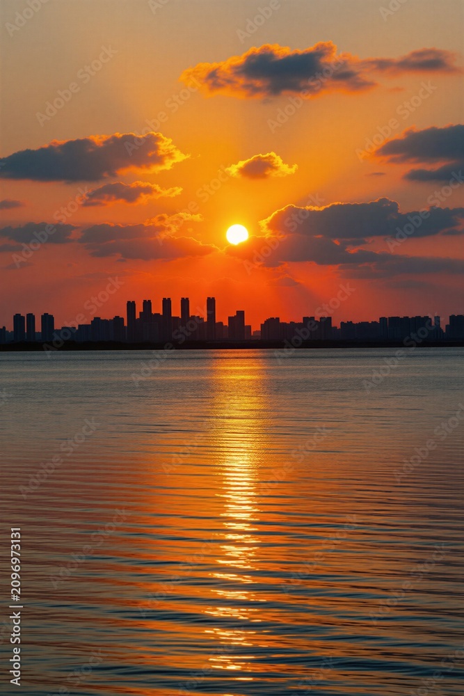 Fototapeta premium Bright sunset glows over city skyline near water. Golden light reflects on lake surface during evening. Urban buildings create black silhouette against orange sky horizon. Nature landscape view