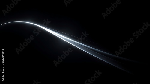 A streaking silver light trail on a dark background with geometric shapes.
