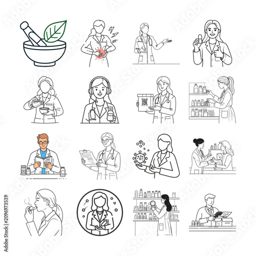 lineart, outline, vector, monochrome, blackandwhite, minimal, clean, flat, contour, stroke, icon, iconset, illustration, graphics, medical, pharmacy, doctor, pharmacist, medicine, bottles, pills