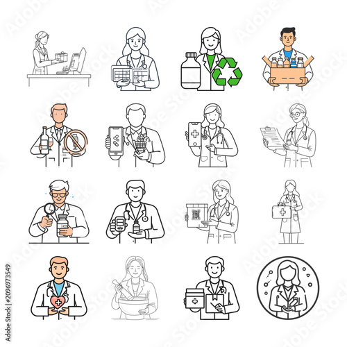 icon, vector, outline, lineart, flat, minimal, monochrome, multicolor, colorful, color, pharmacy, medical, healthcare, clinician, pharmacist, capsule, pill, bottle, syringe, stethoscope, medicine
