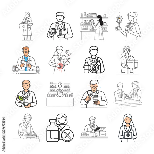 frame, texture, backdrop, lineart, outline, vector, monochrome, minimal, flat, graphic, digital, medical, doctor, pharmacist, nurse, pharmacy, shelf, bottles, syringe, stethoscope, labcoat, lab