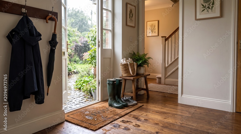 Fototapeta premium Cozy Home Entryway with Open Front Door, Rain Boots, Coat Hooks and Garden View