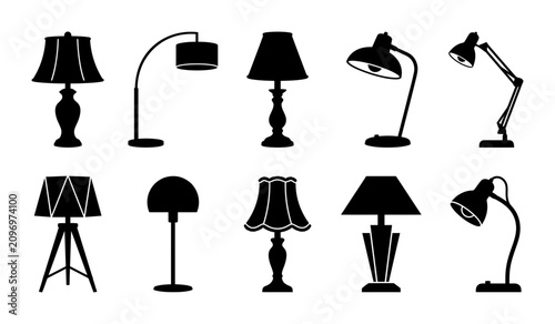 Collection Of Various Desk Lamp And Floor Lamp Silhouettes Isolated On White Background