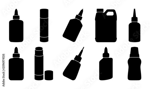 Glue Bottle And Adhesive Container Silhouette Set Featuring Various Crafting Stationery And Industrial Liquid Applicator Shapes