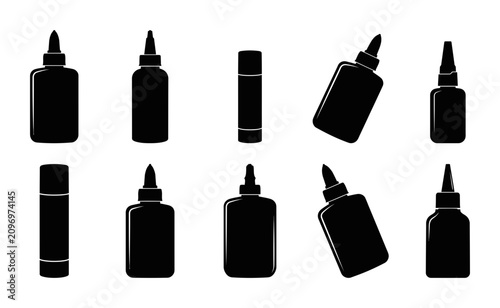 Glue Bottle Silhouette Vector Set Featuring Adhesive Container Icons and Stationery Supplies