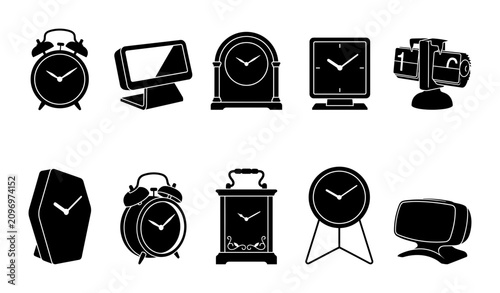 Collection of Ten Vintage and Modern Clock Icons Set Featuring Various Timekeeping Devices in Flat Black Silhouette Style