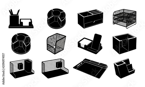 Office Desk Organizer Stationery Holder Icon Set Featuring Mesh And Plastic Desktop Storage Supplies