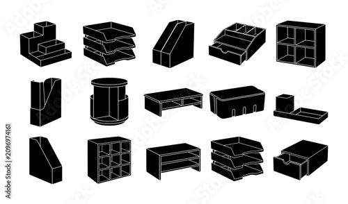 Desk Organizer Collection Vector Set Featuring Office Storage Solutions and Stationery Trays