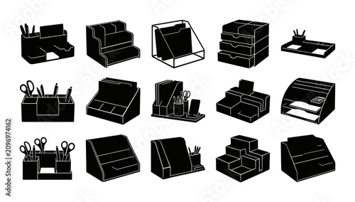 Desk Organizer Icon Set Featuring Professional Office Supplies and Stationery Storage Solutions