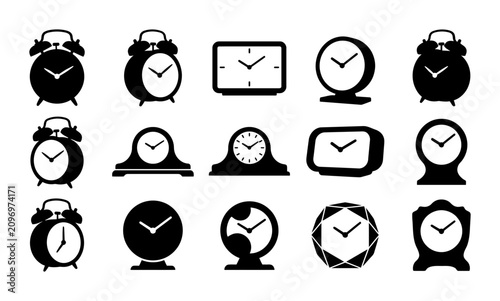 Collection Of Various Alarm Clock Icons And Timepiece Silhouettes In Simple Flat Black Design