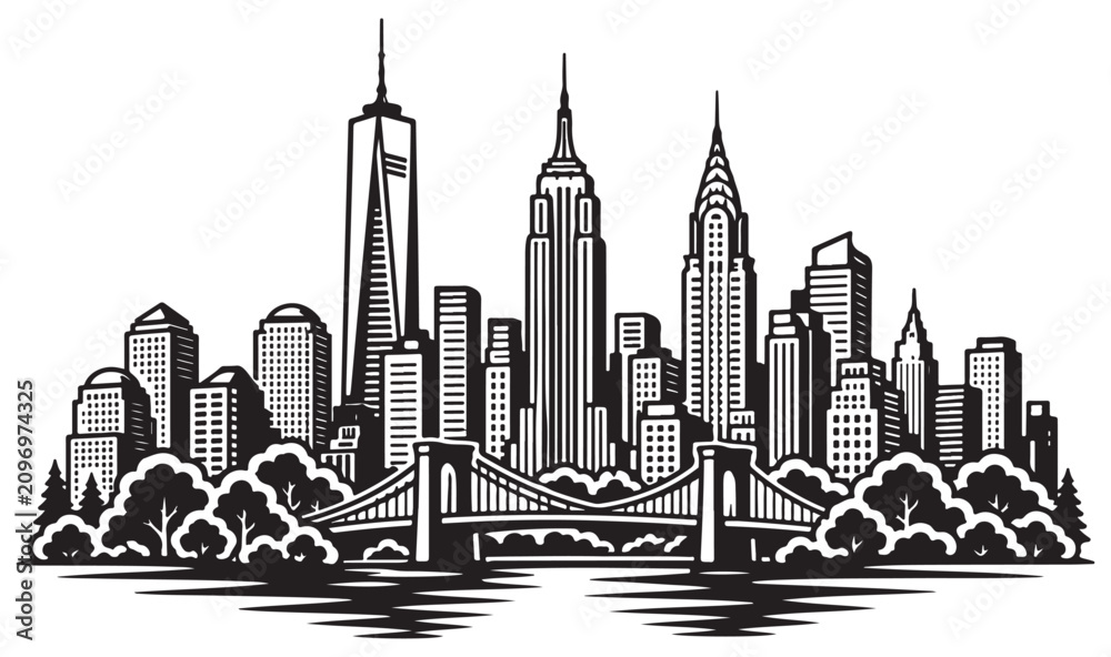 Fototapeta premium Skyline Silhouette, iconic skyline and natural scenery, vector, isolated on white