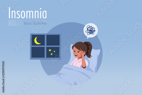 Insomnia concept. Woman sleepless in bedroom at night, difficult to falling asleep. Vector.