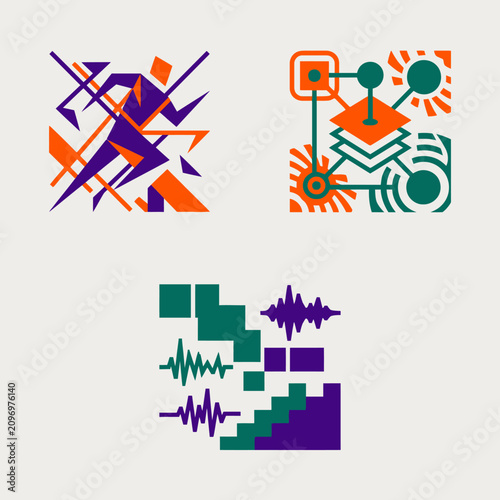 Three abstract tech icon designs with vibrant geometric shapes and patterns