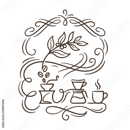 Elegant line art illustration of coffee brewing and serving