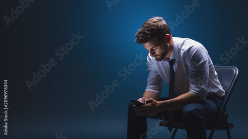 Man checking phone in blue light ambiance.