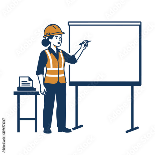 Engineer with blueprints presents project on a whiteboard