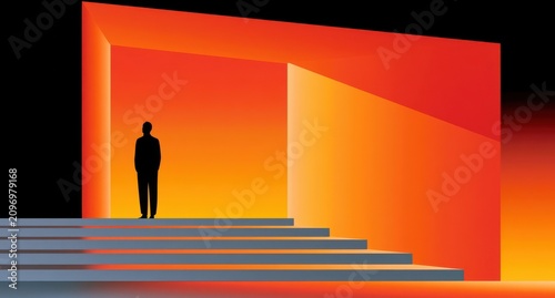 Minimalist architectural composition with silhouetted person on steps against warm orange backdrop