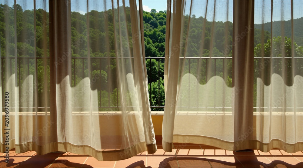 Obraz premium Bright golden sunlight streams through sheer beige curtains onto rustic tiled patio. Transparent fabric drapes flutter softly near open glass door revealing green forest view outside. Warm morning