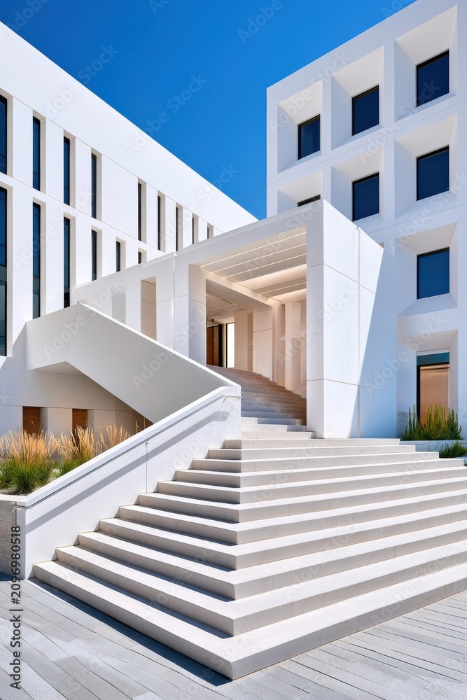 Obraz premium Modern white architectural building with grand stairs and geometric facade under clear blue sky