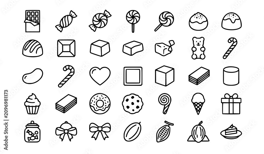 Fototapeta premium Premium candy chocolate sweets and confectionery dessert line icons set