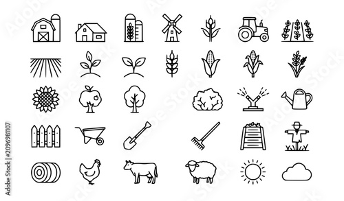Bild auf Leinwand Premium agricultural farming land and organic agriculture ranch line icons bundl