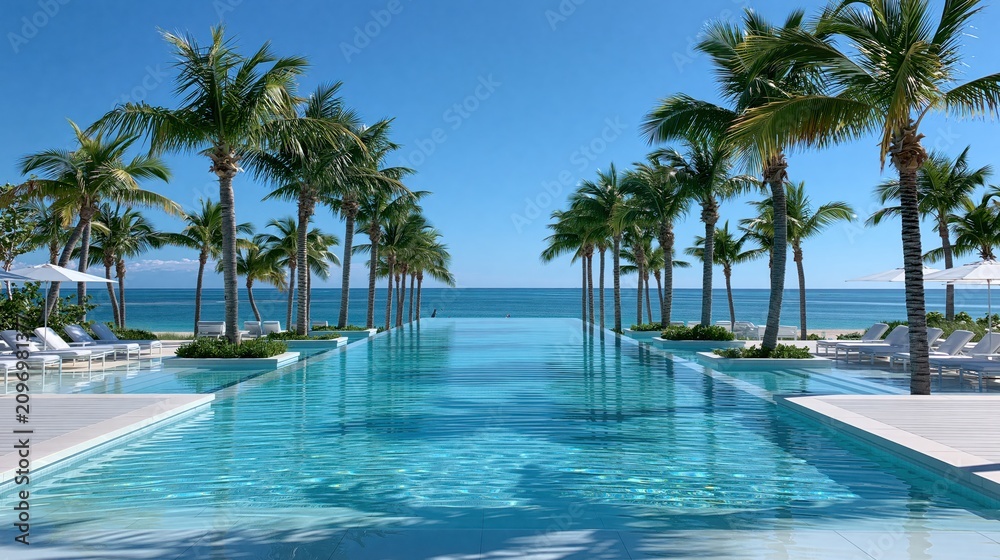 Fototapeta premium Luxury Tropical Resort Infinity Pool Overlooking the Turquoise Ocean on a Sunny Day