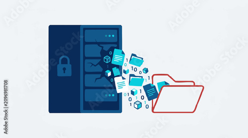 Data Breach and Cyber Security Concept with Cracked Server and Spilling Data