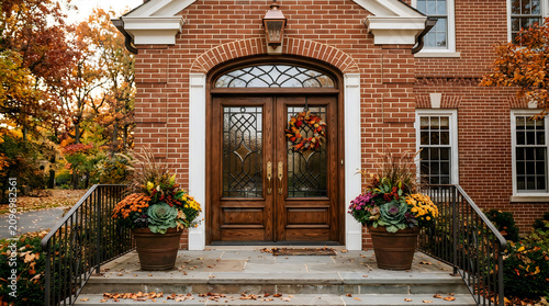 Traditional red brick house entrance with wooden double doors and seasonal fall planters, entrance