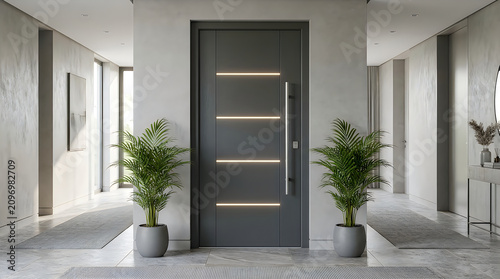Modern gray entrance door with integrated led lighting in stylish minimalist interior hallway