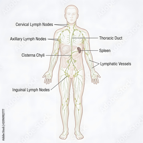 Human lymphatic system anatomy diagram with labeled nodes and vessels lymphatic cervical