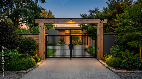 Custom wood and iron gate entrance at twilight with entrance driveway twilight lighting exterior