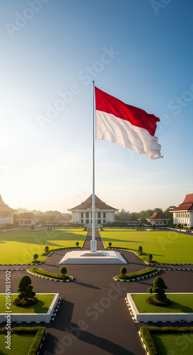 Indonesian National Flag Waving in Front of Government Building