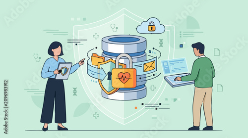 Digital healthcare data protection and privacy, cybersecurity illustration