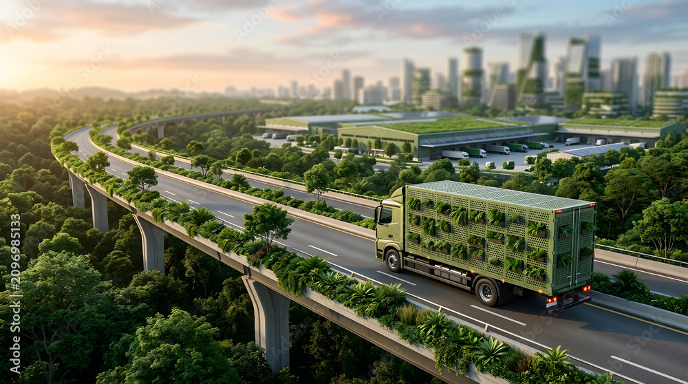 Obraz premium Sustainable logistics electric truck transporting green plants on futuristic highway representing eco friendly supply chain and zero emission freight