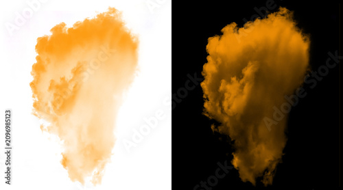 Orange smoke explosion on black and white backgrounds, vibrant fiery cloud of ink in water, abstract colorful vapor puff for creative design