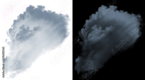 Atmospheric storm cloud cutout on white and black background, moody grey cumulus cloud for compositing, dramatic weather element for design