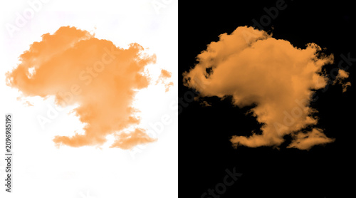 Golden sunset cloud isolated on white and black backgrounds, fluffy orange cumulus cloud cutout, atmospheric weather element for sky replacement