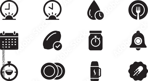 Black icons set, time management, productivity symbols, 12 elements, vector graphics