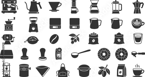 Принти на полотні Professional Specialty Coffee Brewing Equipment Icon Set Featuring Espresso Mach