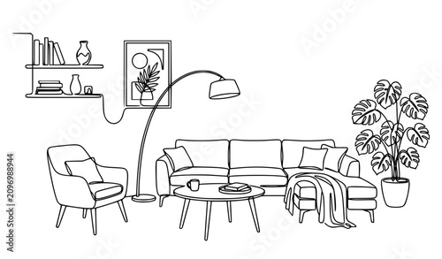 Foto Minimalist continuous one line living room interior with stylish furniture vecto